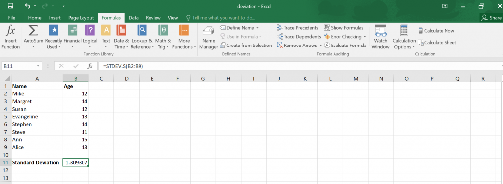 Standard Deviation in Excel.