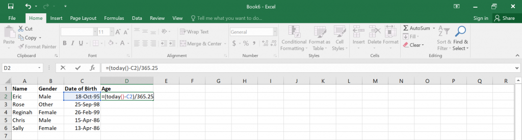 Calculate Age in Excel.