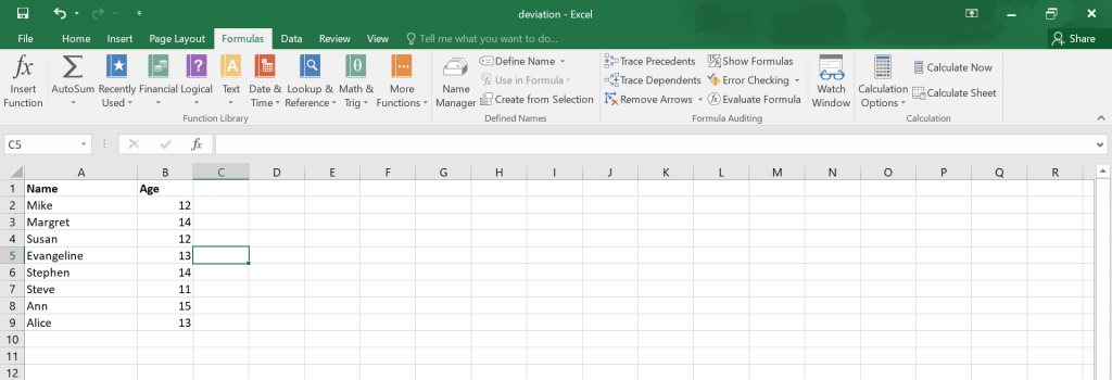 Standard Deviation in Excel.