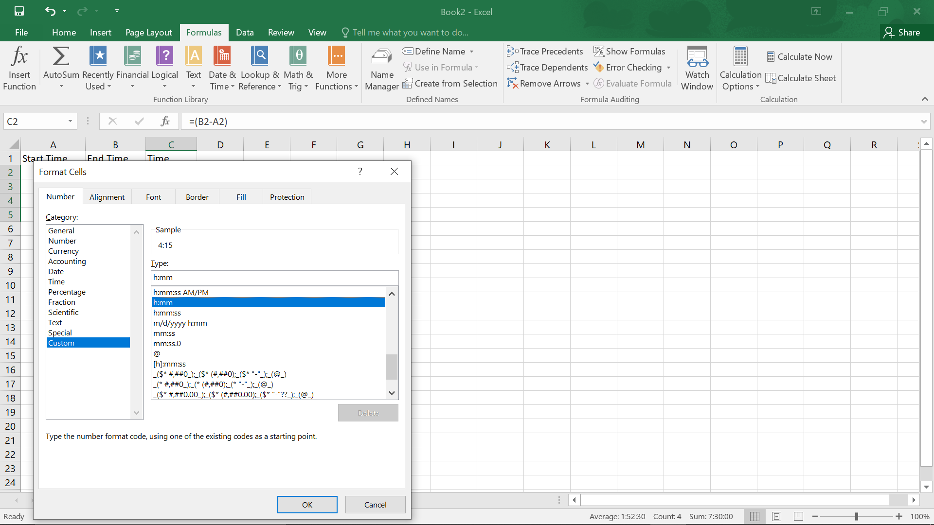 how to calculate start and stop time in excel