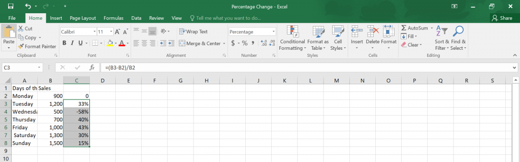 Percentage Change in Excel.