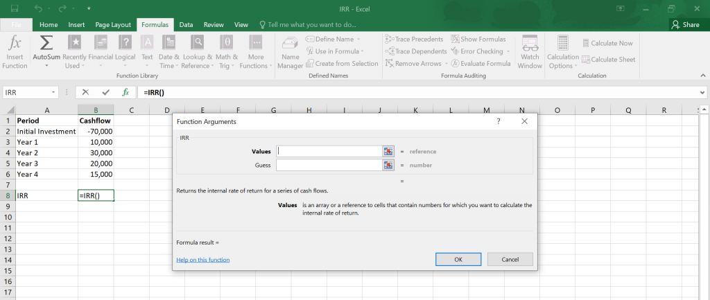 Calculate IRR in Excel.