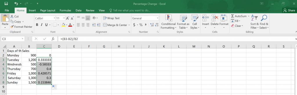 Percentage Change in Excel.