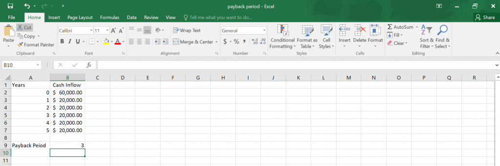 Payback Period in Excel.