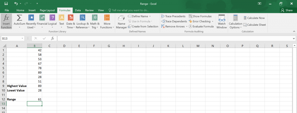 Calculate Range in Excel.