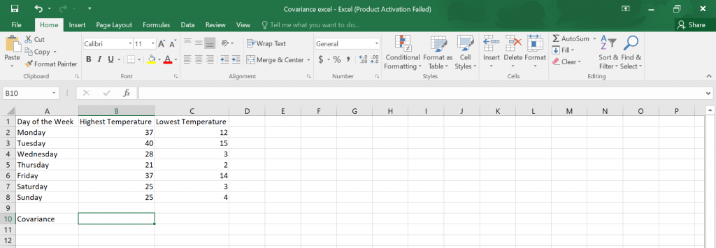 Calculate Covariance in Excel.