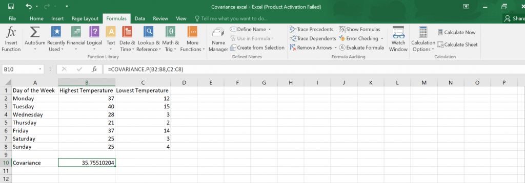 Calculate Covariance in Excel.