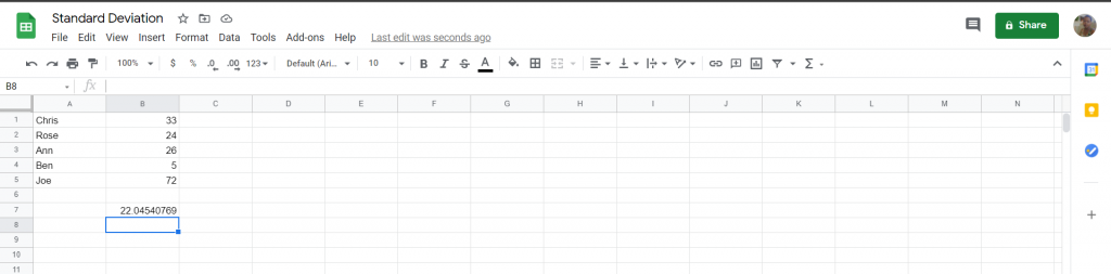 Standard Deviation in Google Sheets.