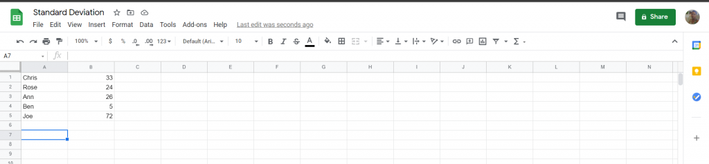 Standard Deviation in Google Sheets.