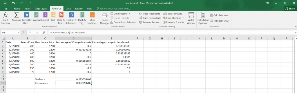Calculate Beta in Excel.