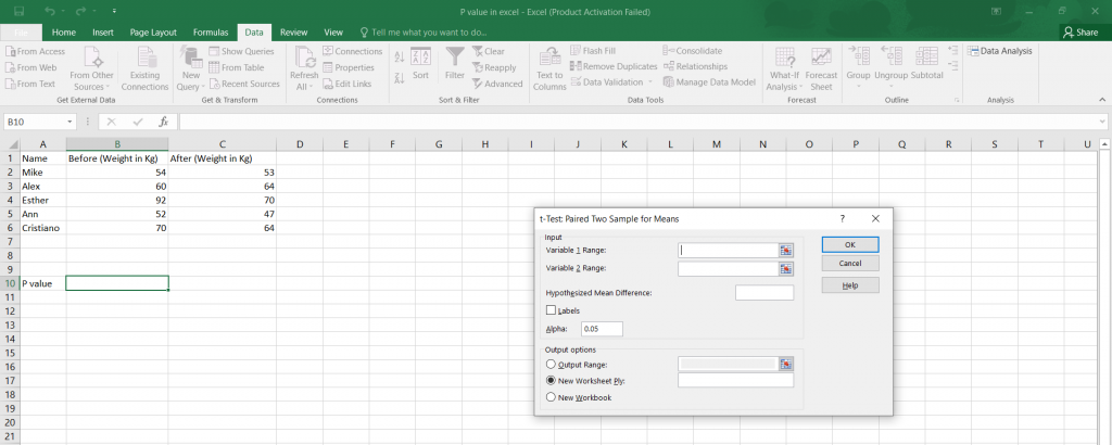 P value in Excel.