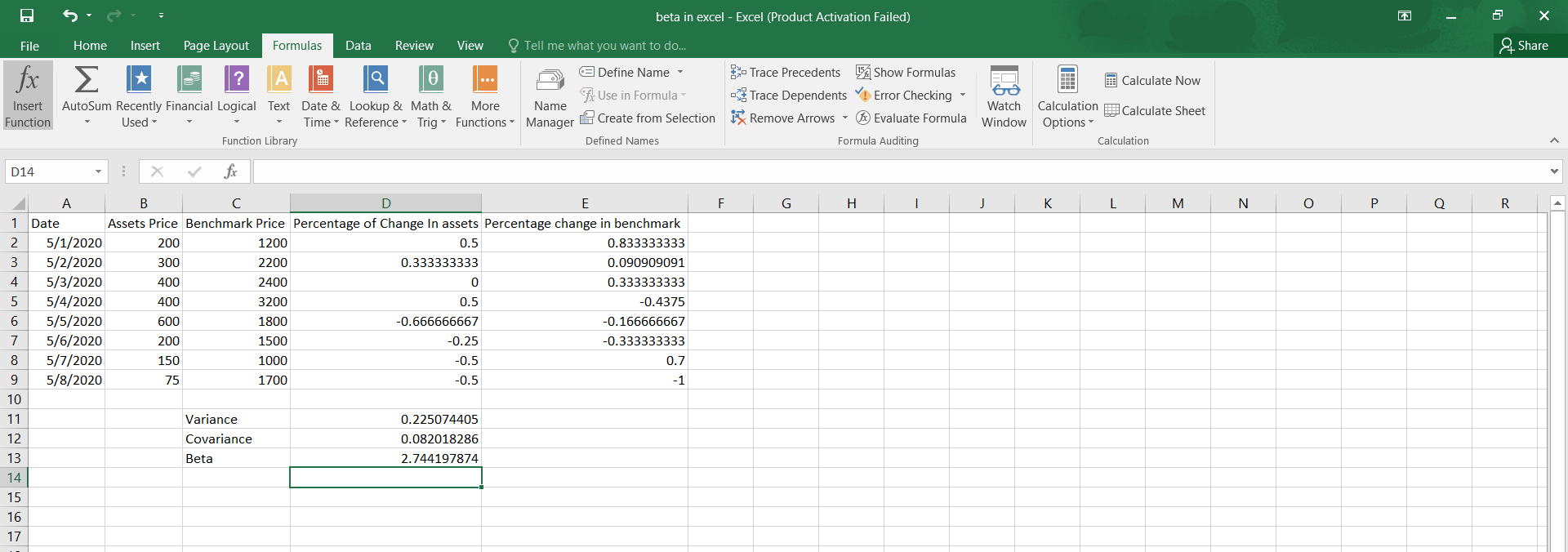 how to calculate beta of a stock in excel