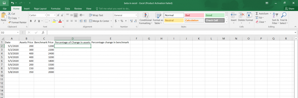 Calculate Beta in Excel.