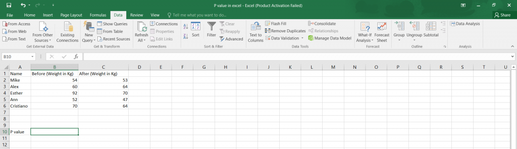  P value in Excel.